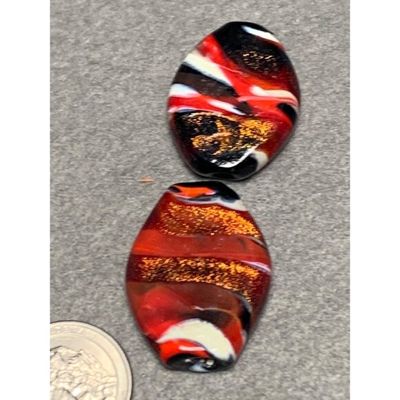 Handcrafted Lampwork Glass Beads - Red Black & Gold Glitter Swirl 2 Pcs Oval Sha - Picture 6 of 6